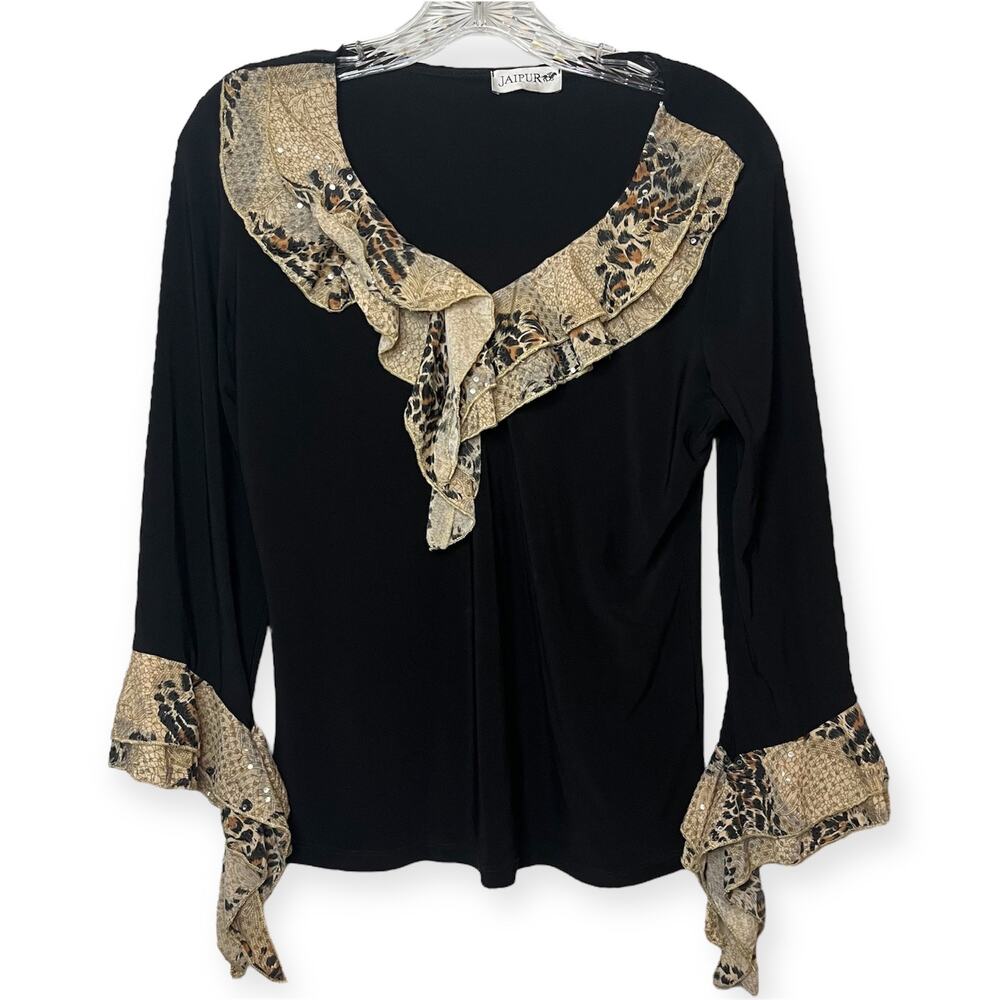 Jaipur Y2K Black V-Neck Blouse Leopard Ruffle Collar‎ Bell Sleeve Top Sz S - M